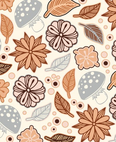 French Terry autumn pattern with flowers and mushrooms