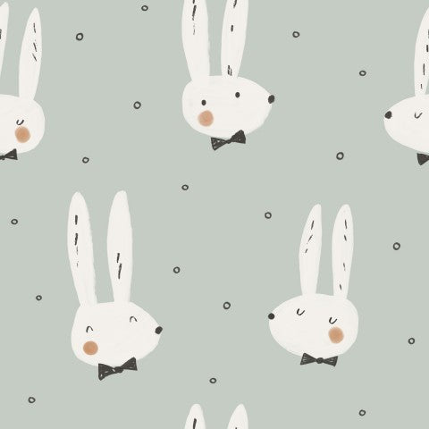 French Terry white bunnies and bow ties
