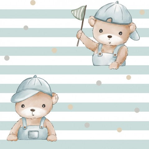 French Terry zwei Teddybären mit Mützen und Overalls auf gestreiftem Hintergrund