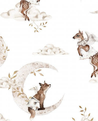 Satin cotton foxes and birds on the moon