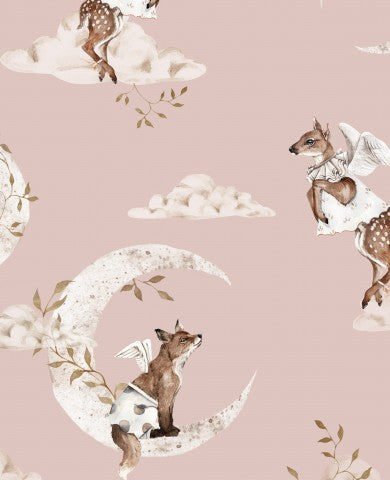 Jersey côtelé, un papier peint rose avec des renards sur la lune et des nuages