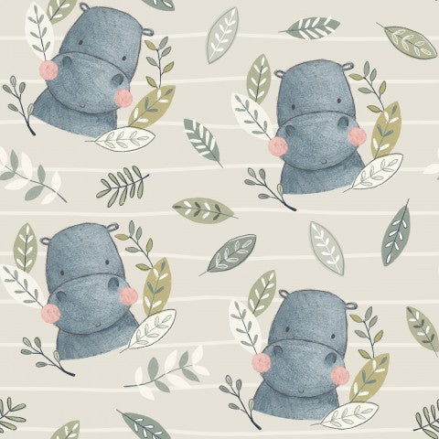 Tissu imperméable avec des hippopotames et des feuilles dessus