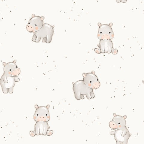 Muslin pattern of baby hippos on a white background