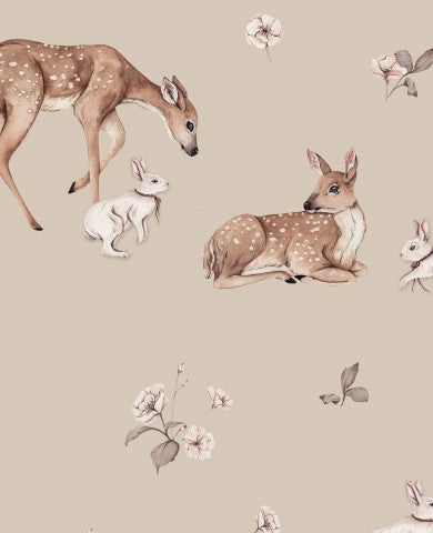 Satin cotton deer and rabbit on beige background