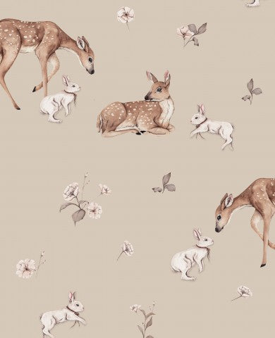 Maglia a coste con cervo e coniglio su sfondo beige