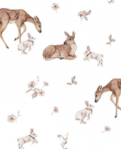 Satin cotton a watercolor wallpaper with deer and flowers