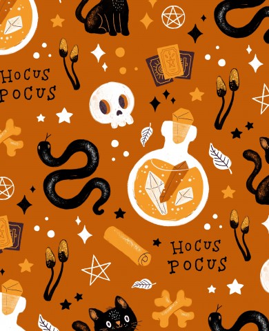 French Terry-mønster af Halloween-ting på orange baggrund