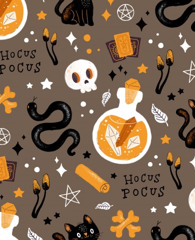 Patrón de muselina de Halloween con brujas, gatos y pociones mágicas.