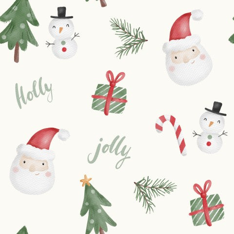 Muslin Christmas pattern with snowman, Santa Claus and fir trees