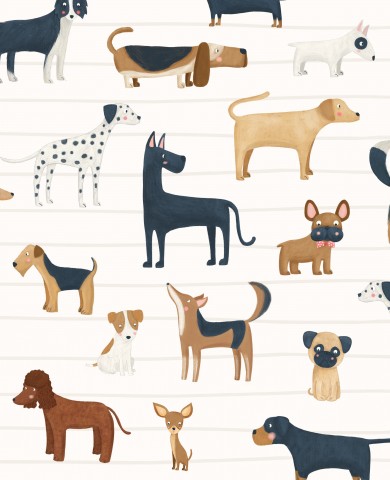 Tessuto impermeabile con illustrazione di molti cani diversi su sfondo bianco
