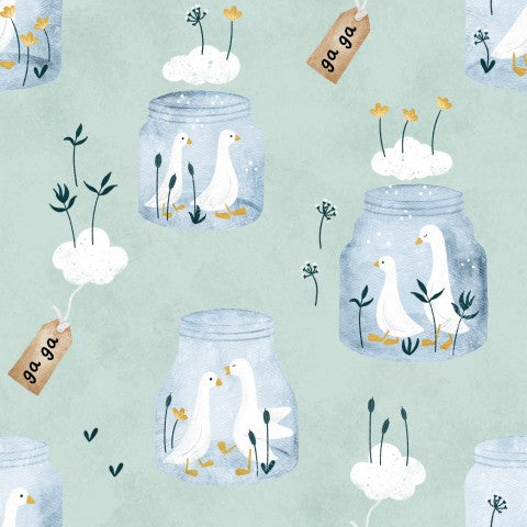 Muslin birds in glasses and clouds