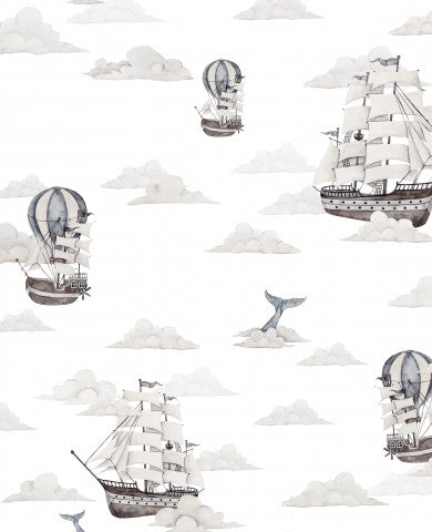 Muslin ships and balloons in the sky