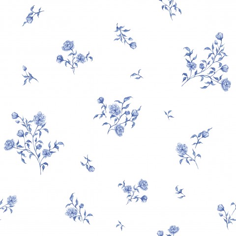 Satin cotton pattern of blue flowers on white