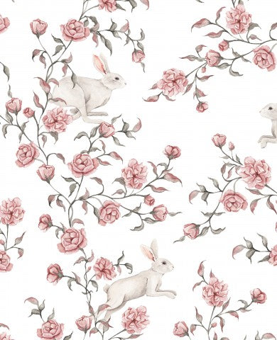 Satin cotton pink flowers and rabbits