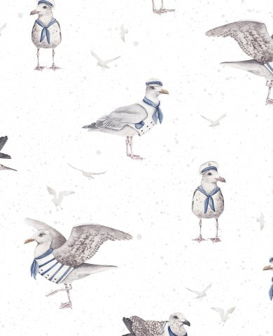 Muslin seagulls with blue and white stripes on a white background