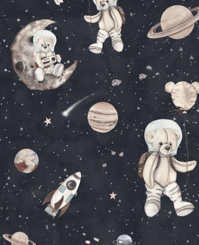 French Terry eine Tapete mit Weltraummotiven, Teddybären und Planeten