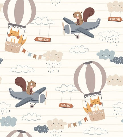 Satin cotton cute animals flying in hot air balloons