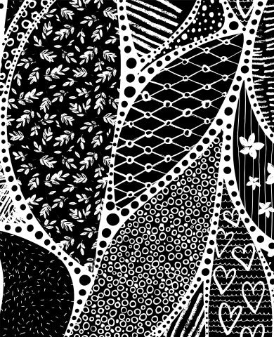 Waterproof fabric a black and white doodle pattern with hearts and leaves