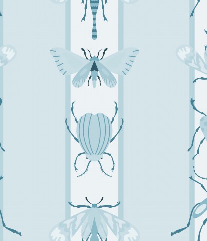 Muslin med blå og hvide striber og insekter på