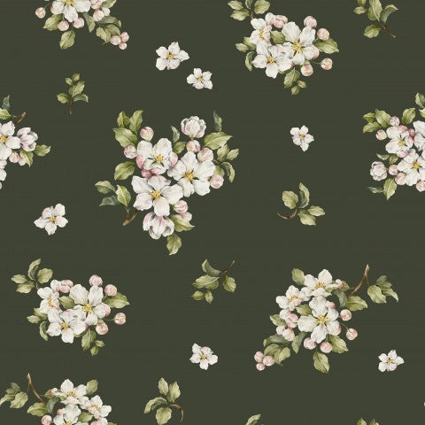 French Terry con estampado de flores de manzano sobre un fondo verde oscuro