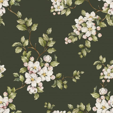French Terry a floral wallpaper with white flowers and green leaves