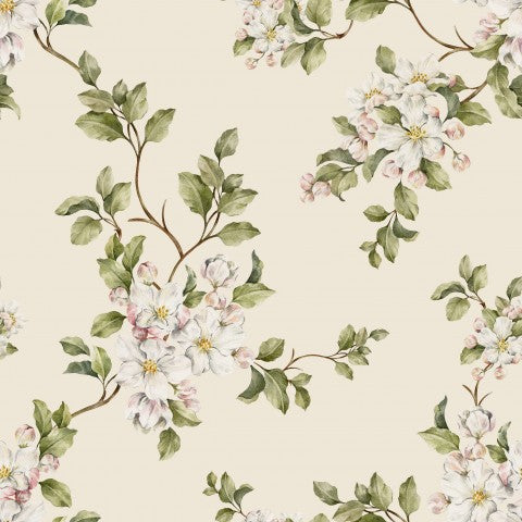 French Terry, una carta da parati floreale con fiori bianchi e foglie verdi