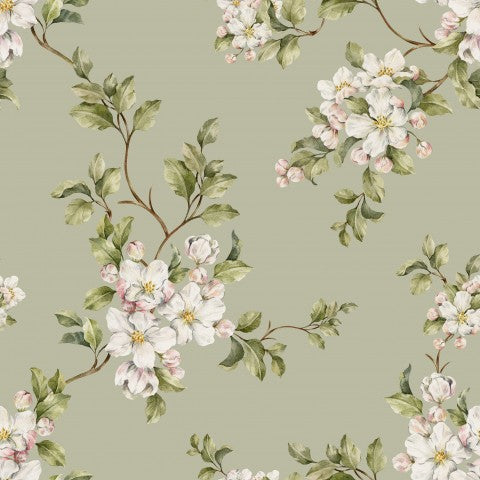 Tissu imperméable fleurs de pommier sur fond vert