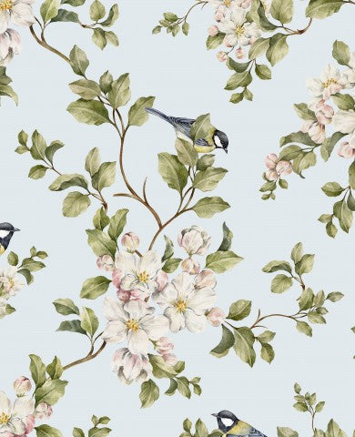 French Terry, una carta da parati floreale senza soluzione di continuità con uccelli e fiori
