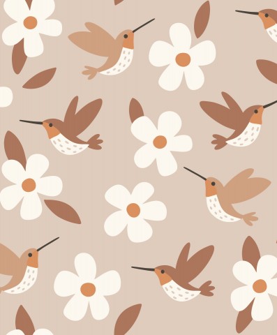 Vandtæt stof med kolibrier og blomster på en beige baggrund