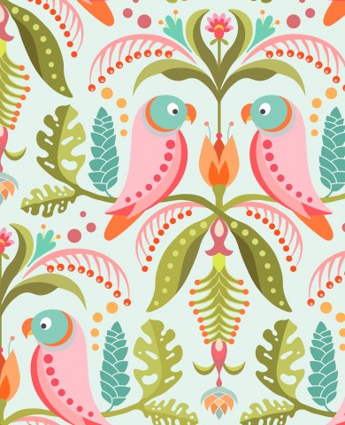 Satin cotton colorful birds and leaves