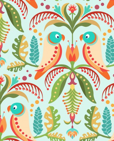 French Terry colorful birds and leaves