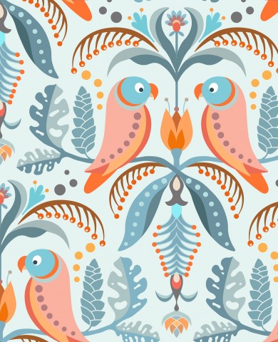 Satin de coton oiseaux et feuilles colorés