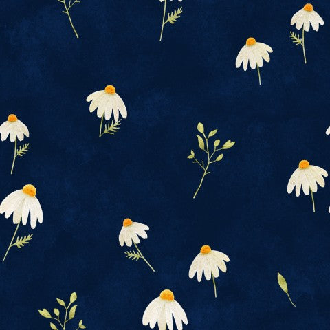 Satin cotton white daisies on dark blue background