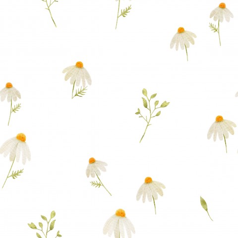 French Terry pattern of daisies on a white background