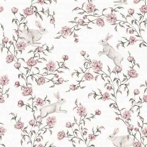Muslin lyserøde blomster og kaniner