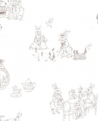 Waterproof fabric a white-beige wallpaper with drawings of people and animals