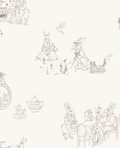 Satin cotton a white-beige wallpaper with rabbits and other animals
