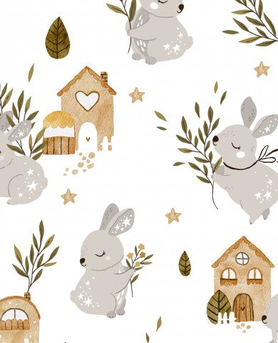 Rib Jersey cute rabbits and houses