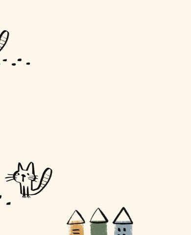 French Terry eine Illustration von Katzen und Häusern auf einem beigen Hintergrund