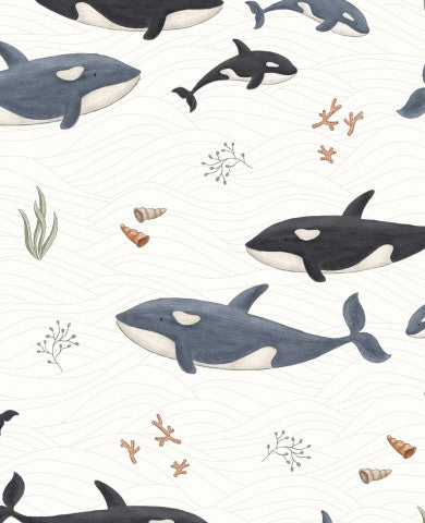 Motivo French Terry raffigurante orche e altre creature marine