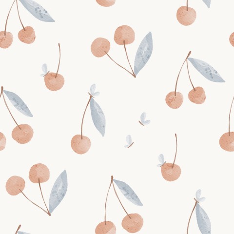 Tissu imperméable cerises et feuilles sur fond blanc