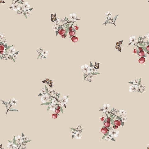 French Terry eine Blumentapete mit Kirschen und Schmetterlingen darauf