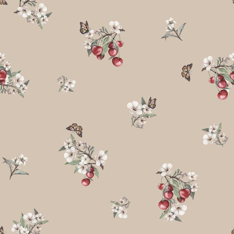 Kirschen-Design auf weißem Hintergrund: Unzerteilbare Baumwoll-Schnitte in beige2-Tönen mit kleinen Blütenmustern. Ideal für das Nähen von Kleidungsstücken, Ta
