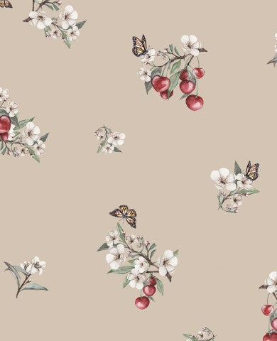 Beige Canvas Baumwolle Kirschen mit Blüten - Naturfarben für dein nächstes Projekt! Baumwollstoff in Beige-Tönen mit Kirschblumen-Muster und weißen Blüten. Ide