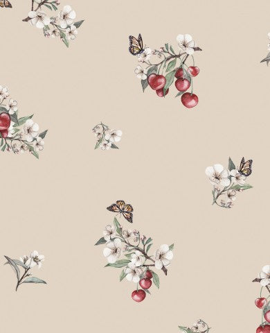 Satin cotton floral wallpaper with cherries and butterflies