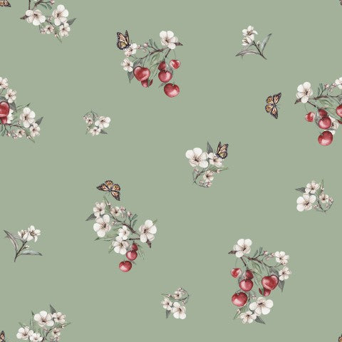 Panama a floral wallpaper with cherries and butterflies