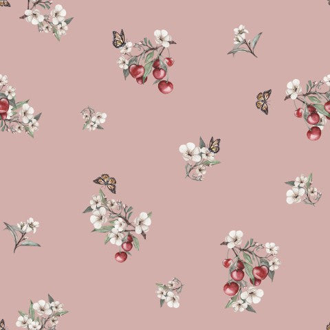 French Terry eine rosa Blumentapete mit Kirschen und Schmetterlingen