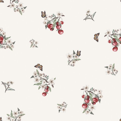 French Terry wallpaper with cherries and butterflies on it