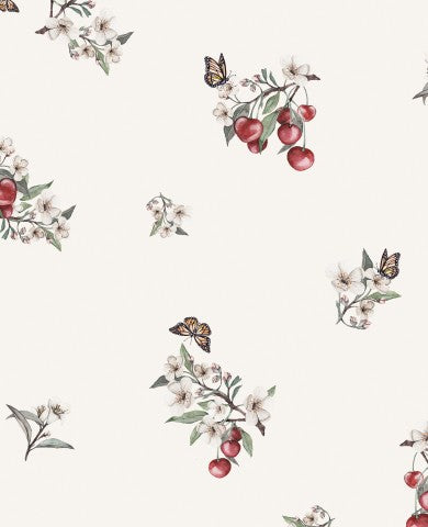 Rib Jersey wallpaper with cherries and butterflies on it