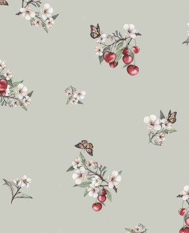 Waterproof fabric floral wallpaper with cherries and butterflies